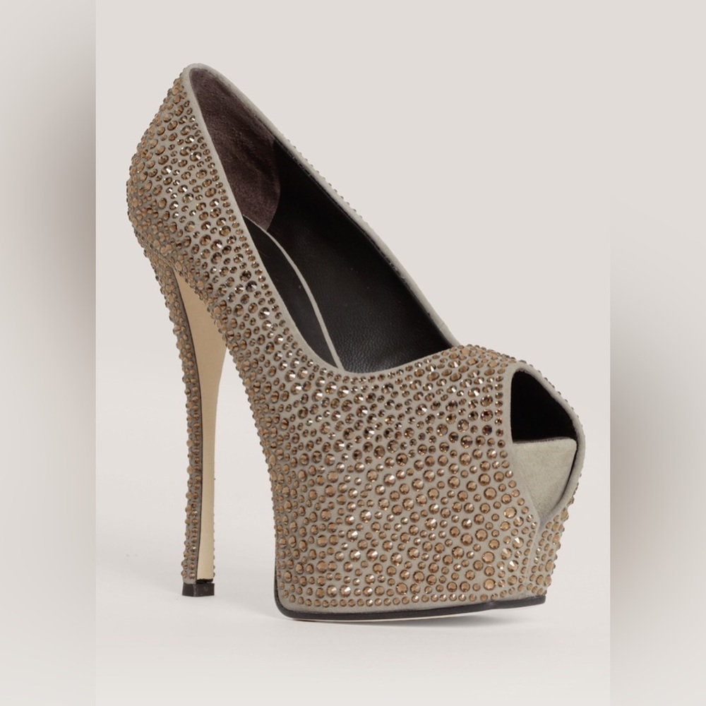 Giuseppe Zanotti Liza Peep Toe Swarovski Crystal Platform Pump Dark Gray - Picture 5 of 13